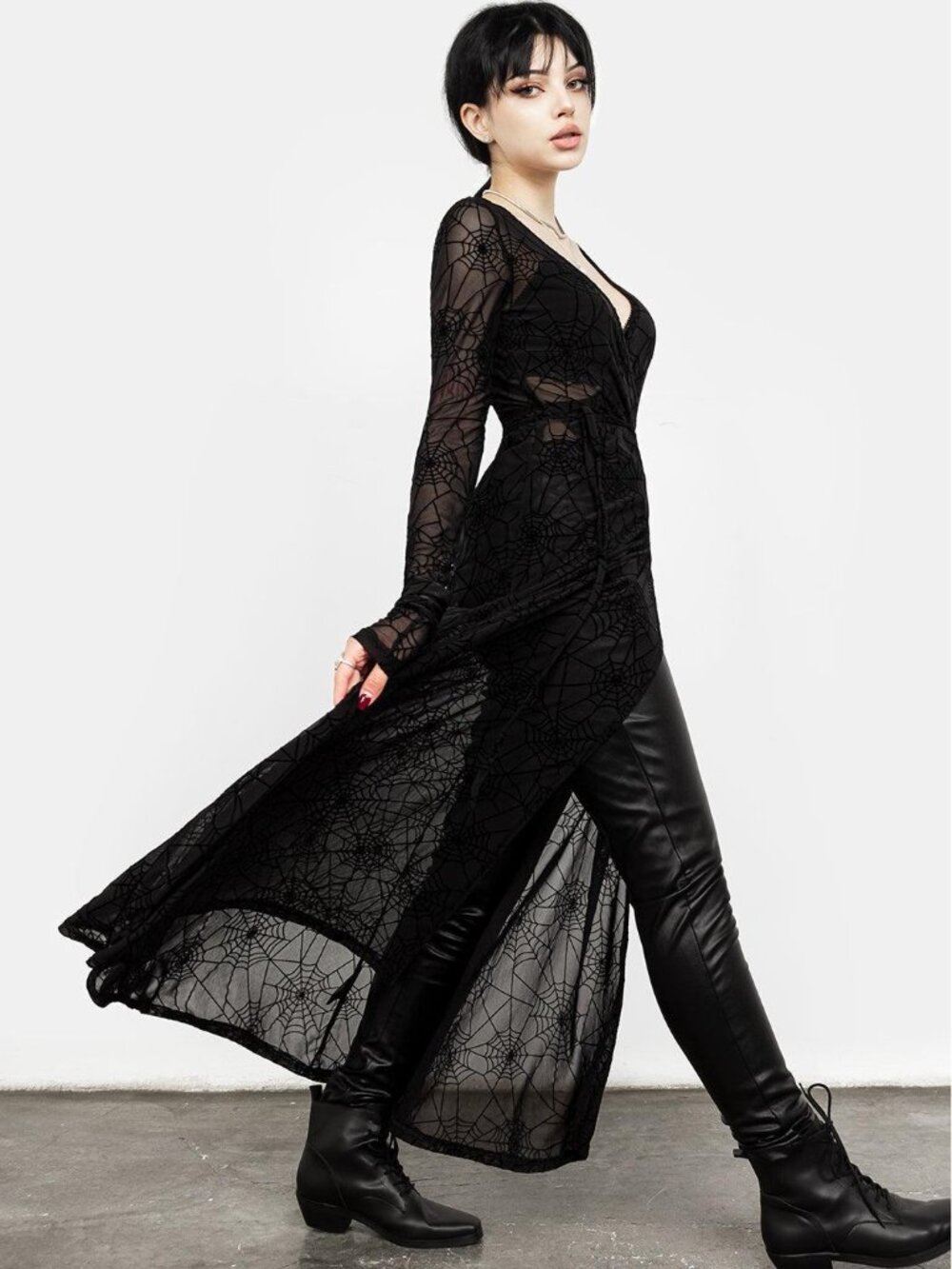Disturbia Venom Mesh Wrap Dress – Black Spiderweb Sheer Long Sleeve Dress - US4